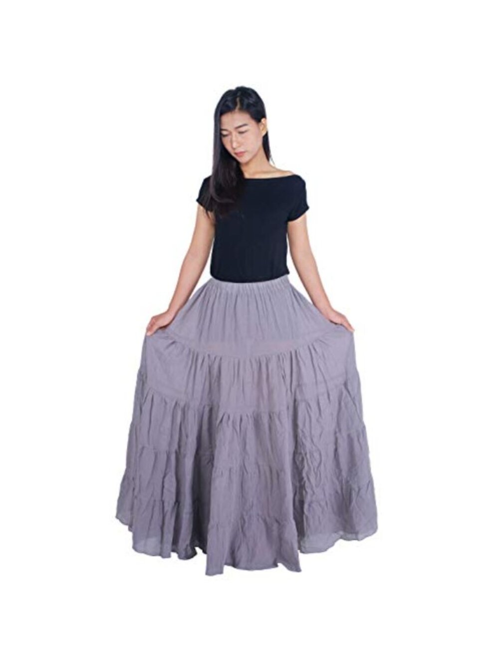 100% Cotton Long Maxi Skirt Full Circle Ruffle Hem Elastic Waist Boho